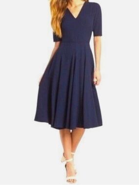 Gal Meets Glam Edith Crepe Fit & Flare Midi Dress in Navy